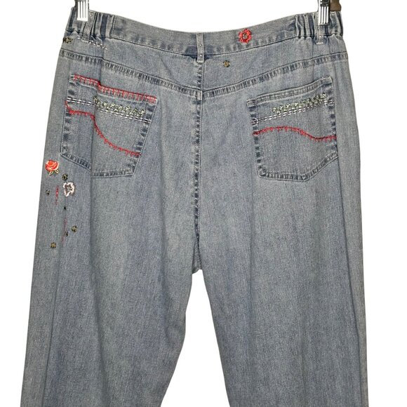 Vintage Boho Embroidered Floral Wide Leg Hight Waist Jeans Womens 14 Cottage - Picture 13 of 14